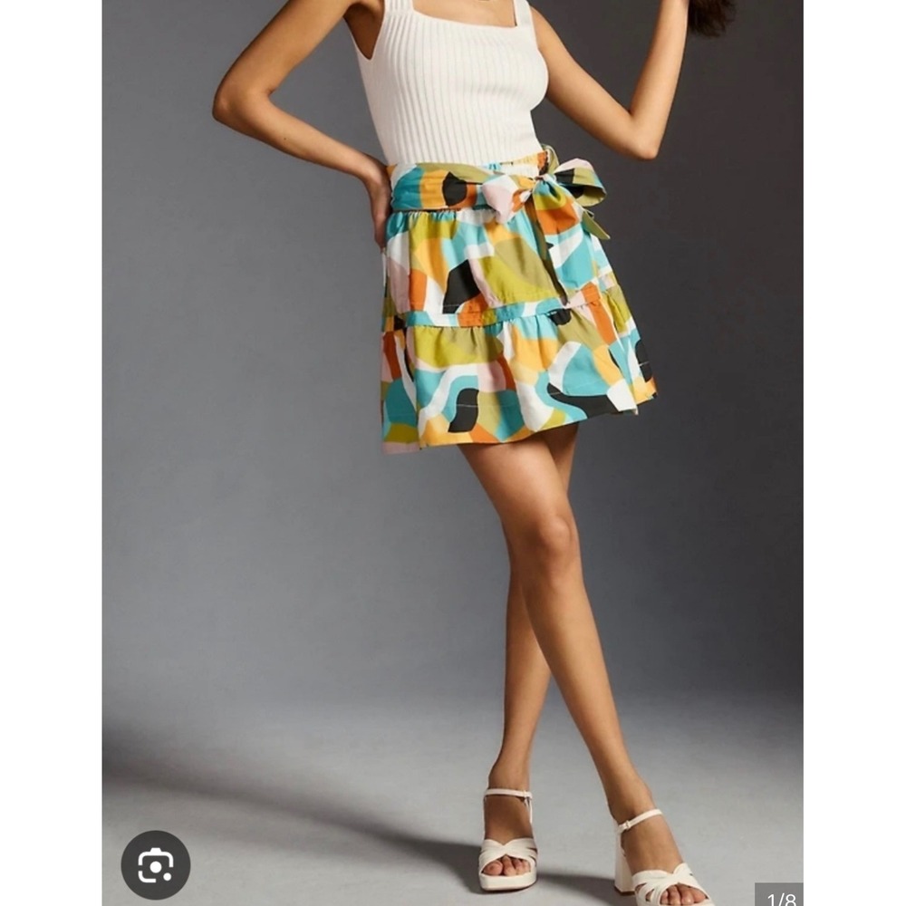 Anthropologie Abstract Print Smocked Tiered Ruffle Mini Skirt Multi Color Small